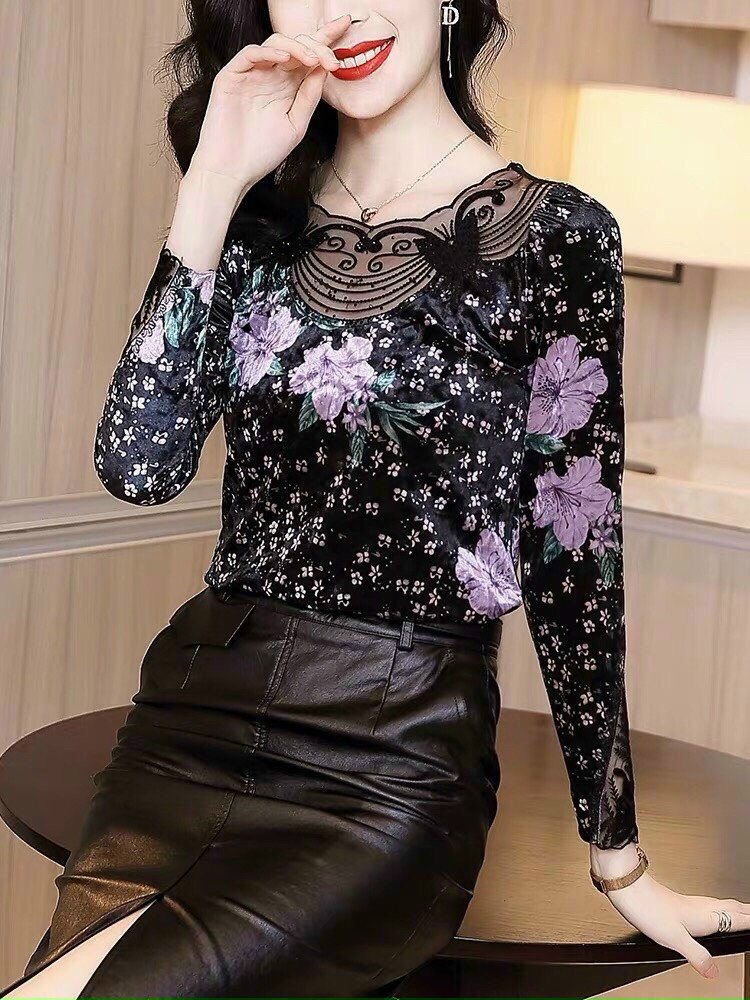 Áo Nhung Hoa Tím Cổ Lưới - SM61